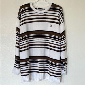 South Pole Men's Brown and White Striped Crewneck Sweater